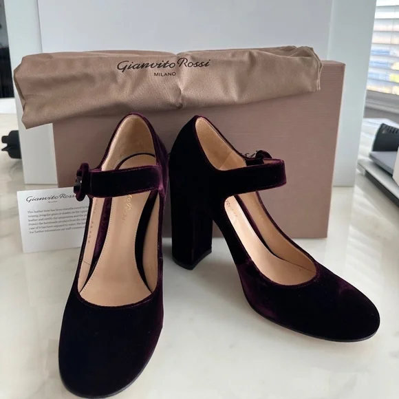 Gianvito Rossi Burgundy Velvet Mary Jane Pumps Heels - Picture 8 of 9